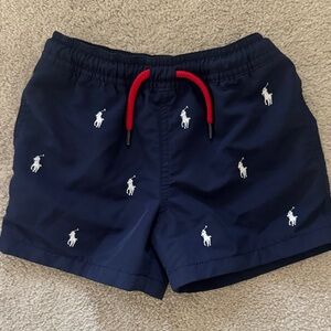 Navy Blue Lined Polo Ralph Lauren Kids Swim Shorts with Red Drawstring